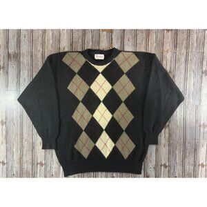 Bryant 100% Cashmere Argyle crew Neck sweater size 46 L US Black made Scotland